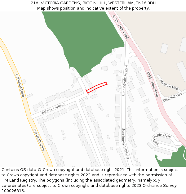 21A, VICTORIA GARDENS, BIGGIN HILL, WESTERHAM, TN16 3DH: Location map and indicative extent of plot