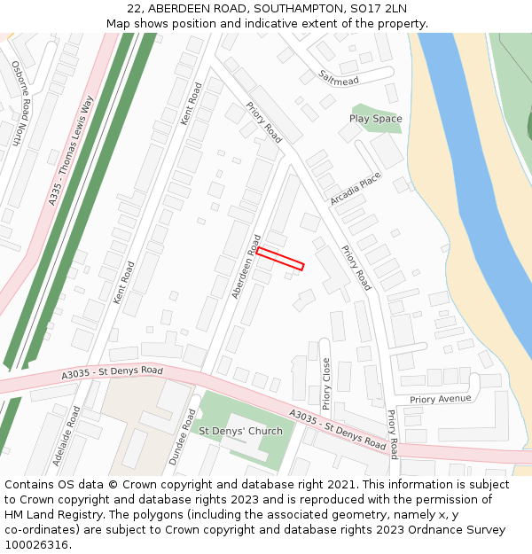 22, ABERDEEN ROAD, SOUTHAMPTON, SO17 2LN: Location map and indicative extent of plot