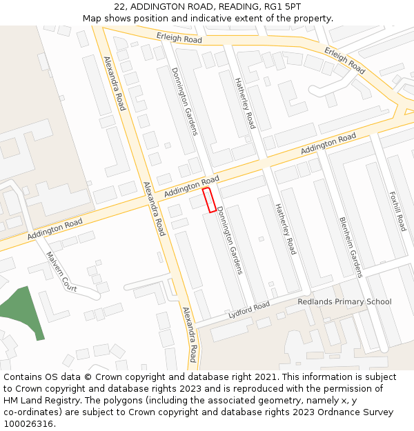 22, ADDINGTON ROAD, READING, RG1 5PT: Location map and indicative extent of plot