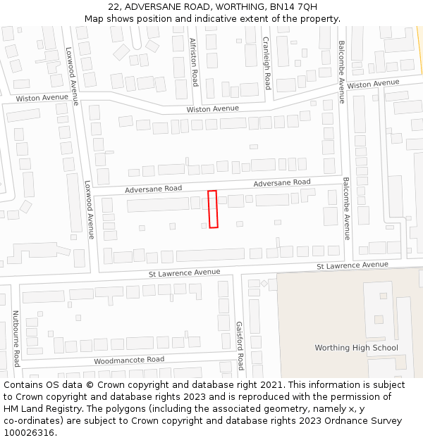 22, ADVERSANE ROAD, WORTHING, BN14 7QH: Location map and indicative extent of plot