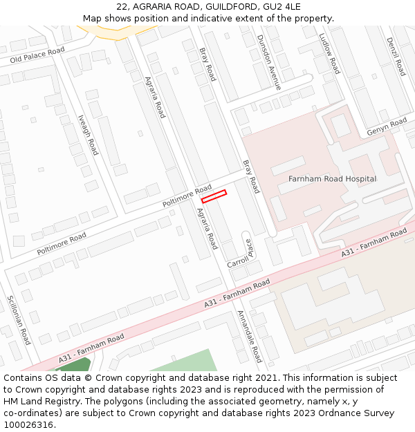 22, AGRARIA ROAD, GUILDFORD, GU2 4LE: Location map and indicative extent of plot