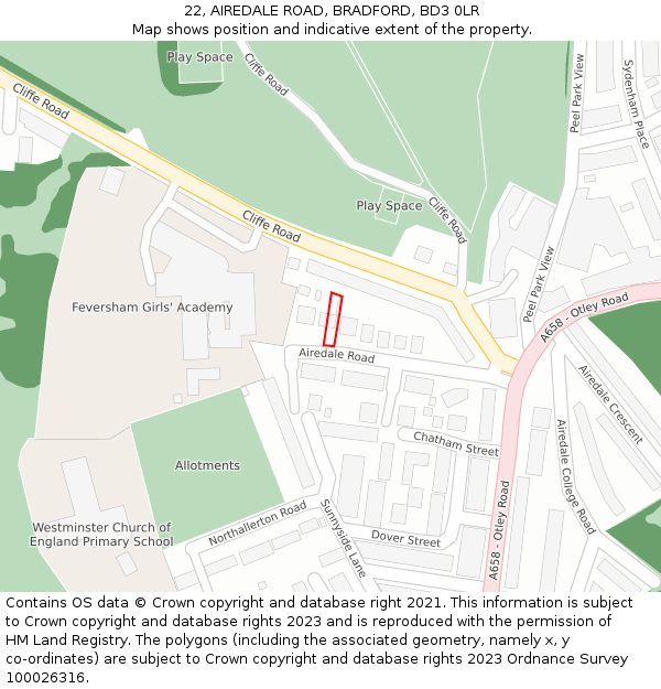 22, AIREDALE ROAD, BRADFORD, BD3 0LR: Location map and indicative extent of plot