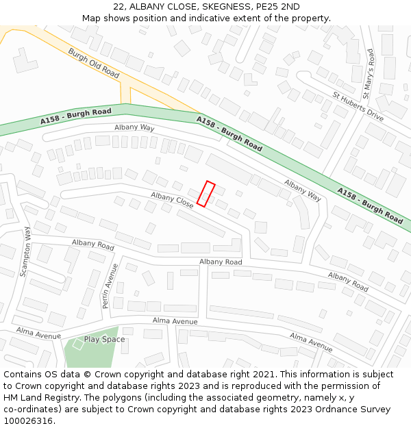 22, ALBANY CLOSE, SKEGNESS, PE25 2ND: Location map and indicative extent of plot
