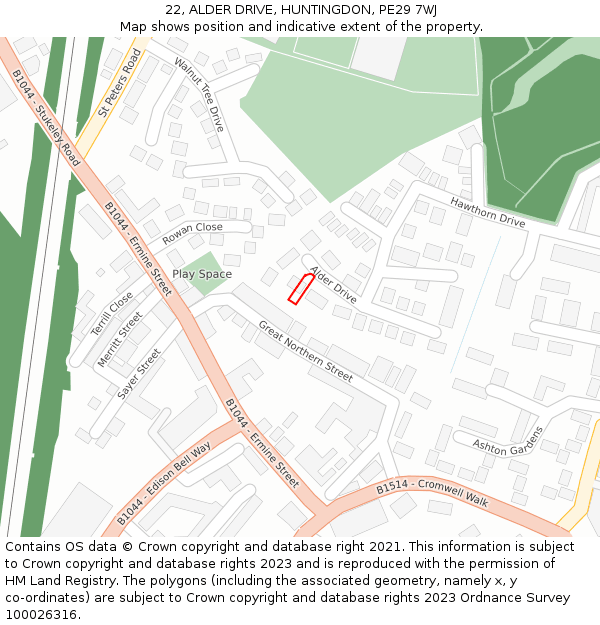 22, ALDER DRIVE, HUNTINGDON, PE29 7WJ: Location map and indicative extent of plot