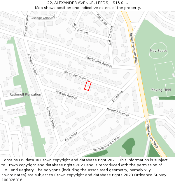 22, ALEXANDER AVENUE, LEEDS, LS15 0LU: Location map and indicative extent of plot