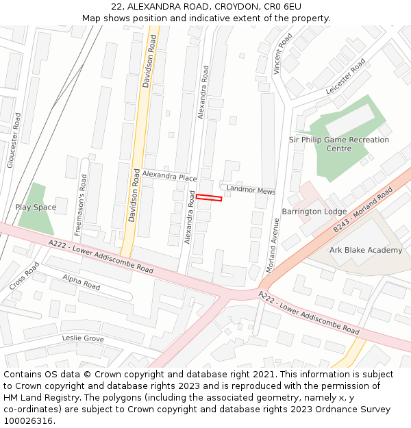 22, ALEXANDRA ROAD, CROYDON, CR0 6EU: Location map and indicative extent of plot