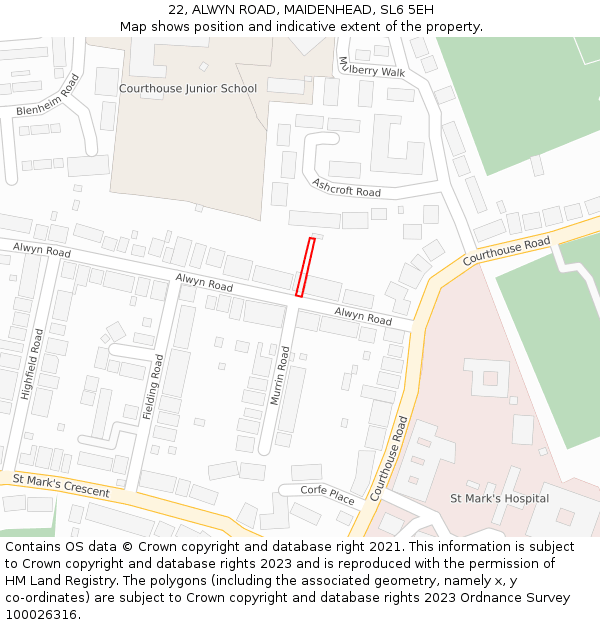 22, ALWYN ROAD, MAIDENHEAD, SL6 5EH: Location map and indicative extent of plot