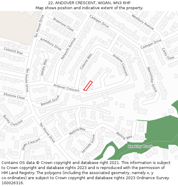 22, ANDOVER CRESCENT, WIGAN, WN3 6HP: Location map and indicative extent of plot
