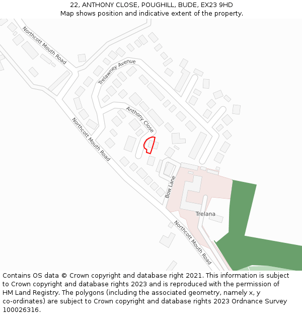 22, ANTHONY CLOSE, POUGHILL, BUDE, EX23 9HD: Location map and indicative extent of plot