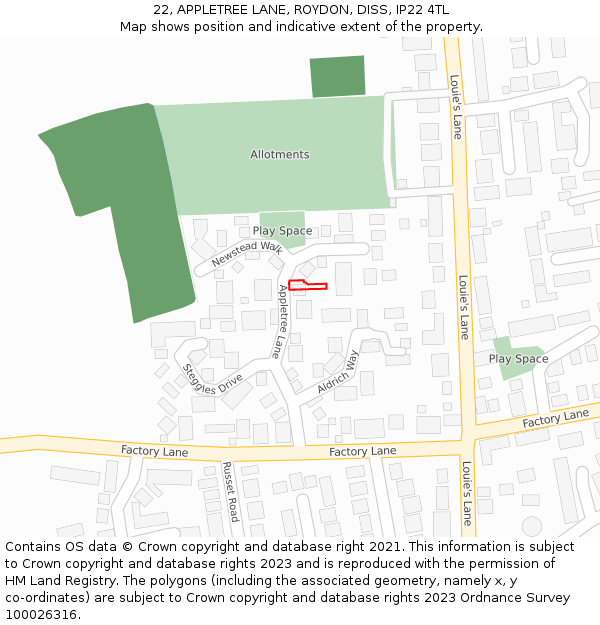 22, APPLETREE LANE, ROYDON, DISS, IP22 4TL: Location map and indicative extent of plot