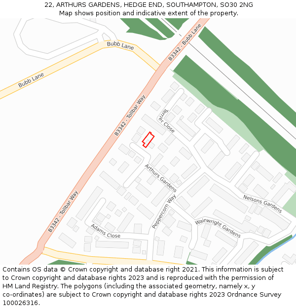 22, ARTHURS GARDENS, HEDGE END, SOUTHAMPTON, SO30 2NG: Location map and indicative extent of plot