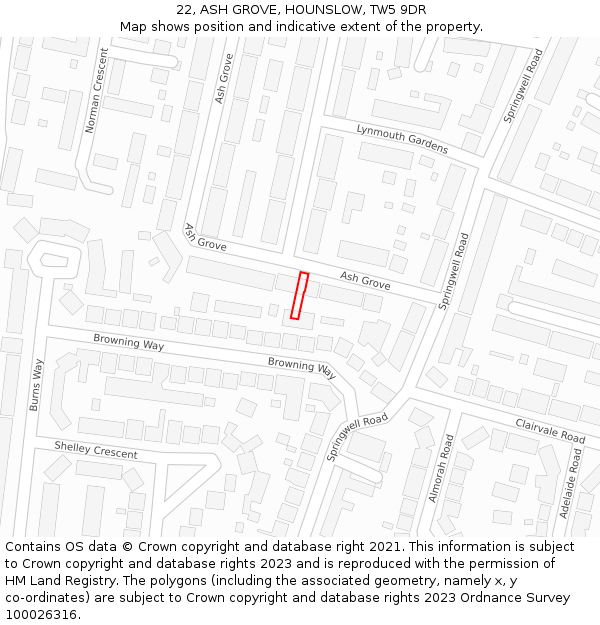 22, ASH GROVE, HOUNSLOW, TW5 9DR: Location map and indicative extent of plot