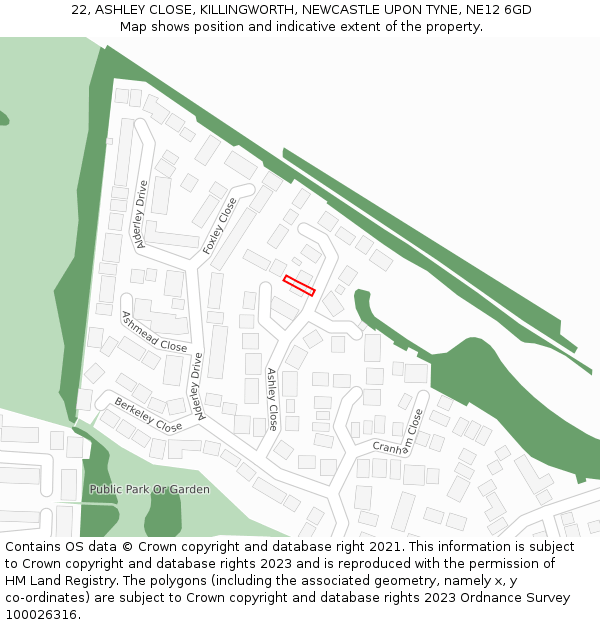 22, ASHLEY CLOSE, KILLINGWORTH, NEWCASTLE UPON TYNE, NE12 6GD: Location map and indicative extent of plot