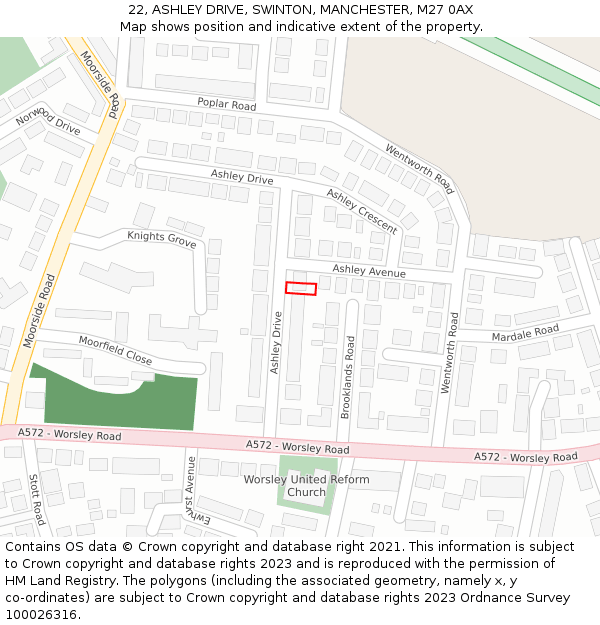 22, ASHLEY DRIVE, SWINTON, MANCHESTER, M27 0AX: Location map and indicative extent of plot