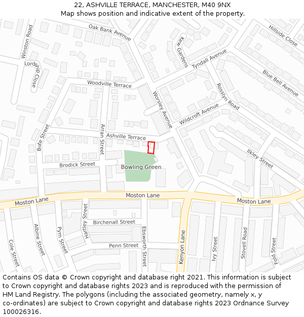 22, ASHVILLE TERRACE, MANCHESTER, M40 9NX: Location map and indicative extent of plot