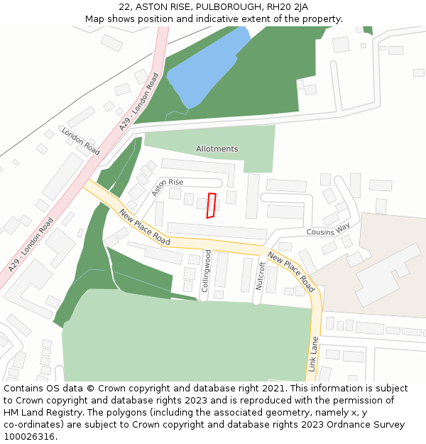 22, ASTON RISE, PULBOROUGH, RH20 2JA: Location map and indicative extent of plot