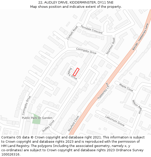 22, AUDLEY DRIVE, KIDDERMINSTER, DY11 5NE: Location map and indicative extent of plot