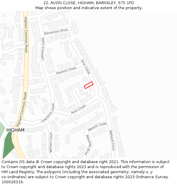 22, AVON CLOSE, HIGHAM, BARNSLEY, S75 1PD: Location map and indicative extent of plot