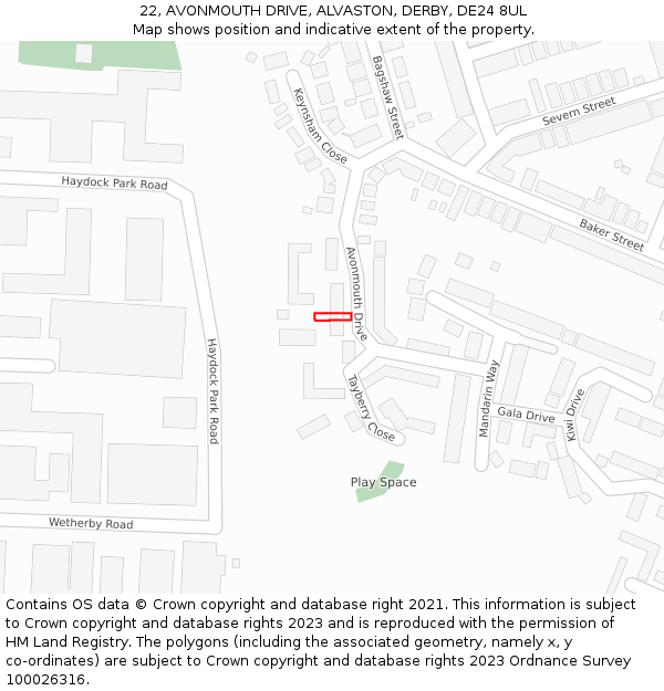 22, AVONMOUTH DRIVE, ALVASTON, DERBY, DE24 8UL: Location map and indicative extent of plot