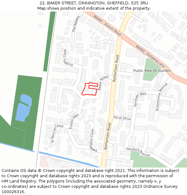 22, BAKER STREET, DINNINGTON, SHEFFIELD, S25 3RU: Location map and indicative extent of plot