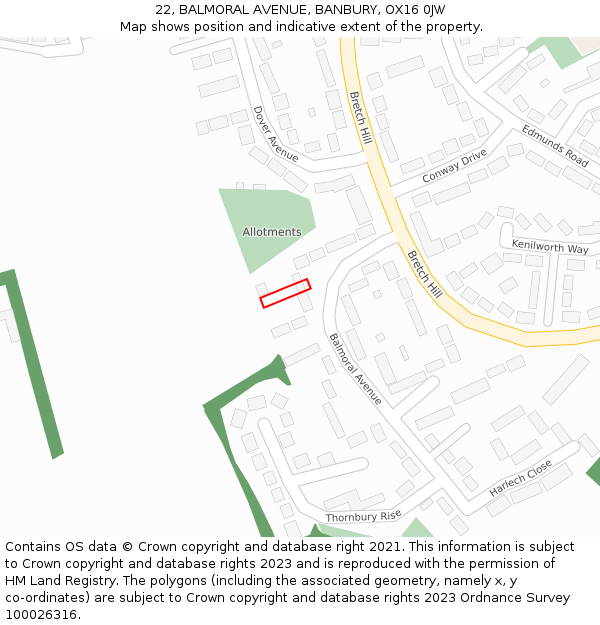 22, BALMORAL AVENUE, BANBURY, OX16 0JW: Location map and indicative extent of plot