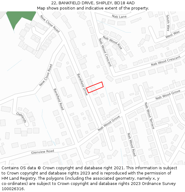22, BANKFIELD DRIVE, SHIPLEY, BD18 4AD: Location map and indicative extent of plot