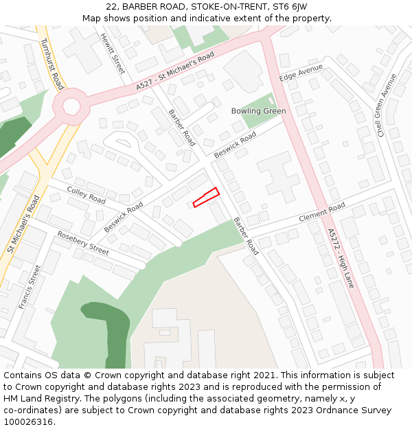 22, BARBER ROAD, STOKE-ON-TRENT, ST6 6JW: Location map and indicative extent of plot