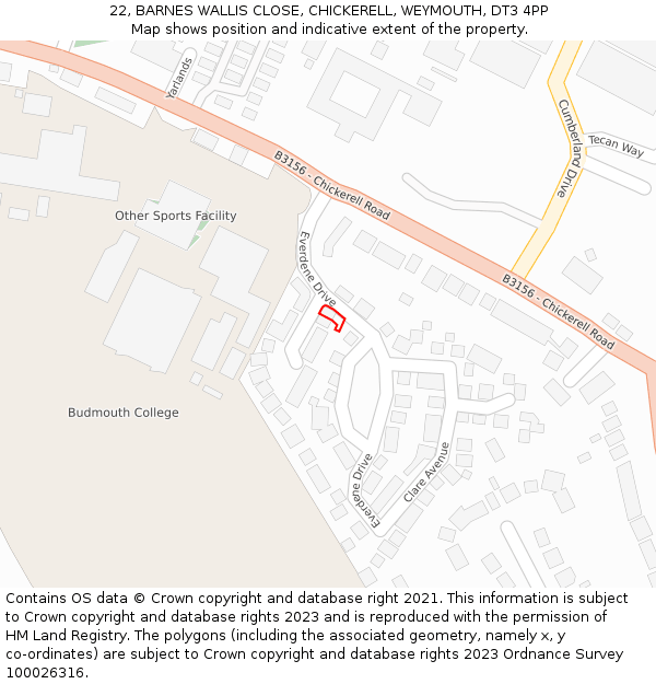 22, BARNES WALLIS CLOSE, CHICKERELL, WEYMOUTH, DT3 4PP: Location map and indicative extent of plot