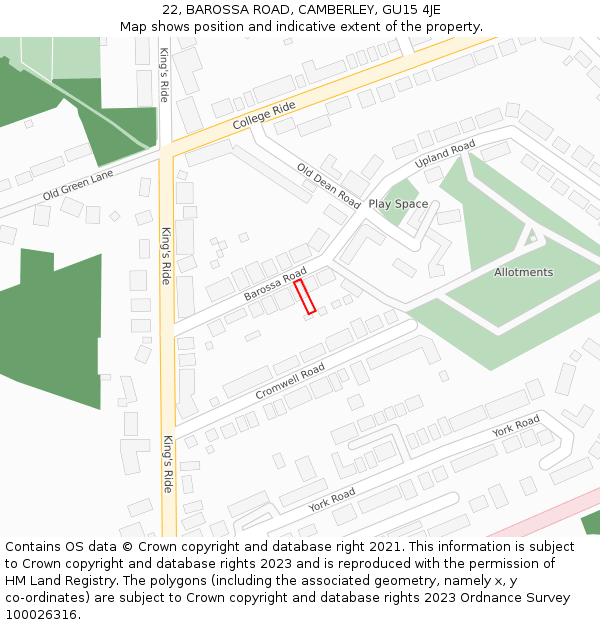 22, BAROSSA ROAD, CAMBERLEY, GU15 4JE: Location map and indicative extent of plot