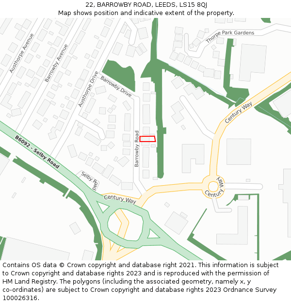 22, BARROWBY ROAD, LEEDS, LS15 8QJ: Location map and indicative extent of plot