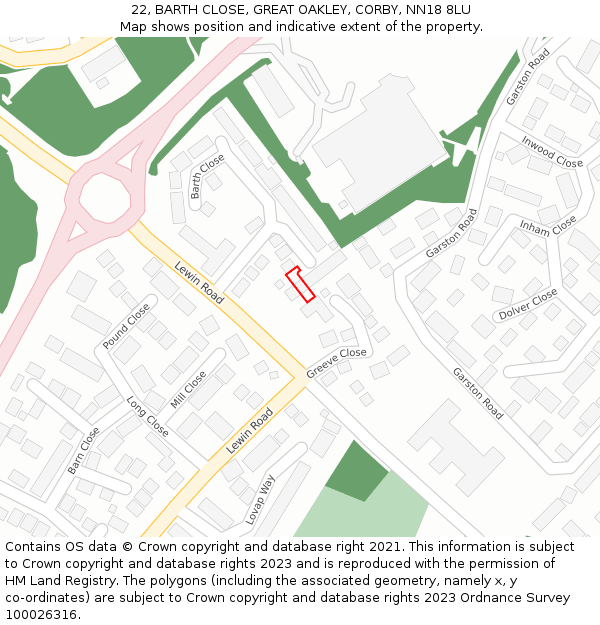 22, BARTH CLOSE, GREAT OAKLEY, CORBY, NN18 8LU: Location map and indicative extent of plot