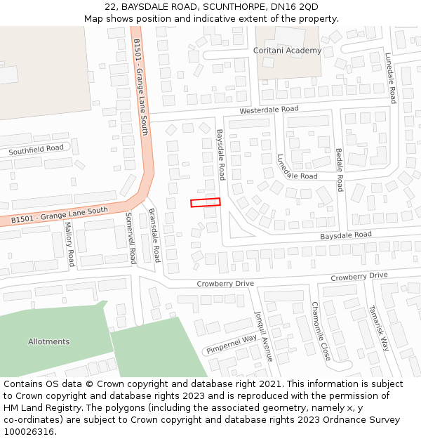 22, BAYSDALE ROAD, SCUNTHORPE, DN16 2QD: Location map and indicative extent of plot