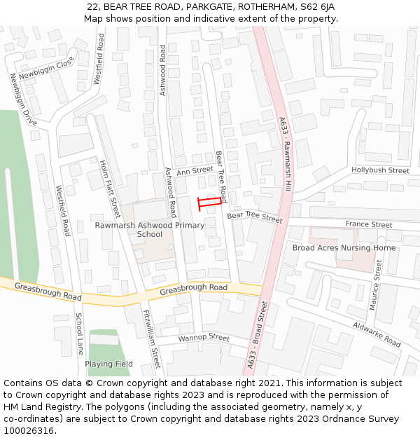 22, BEAR TREE ROAD, PARKGATE, ROTHERHAM, S62 6JA: Location map and indicative extent of plot