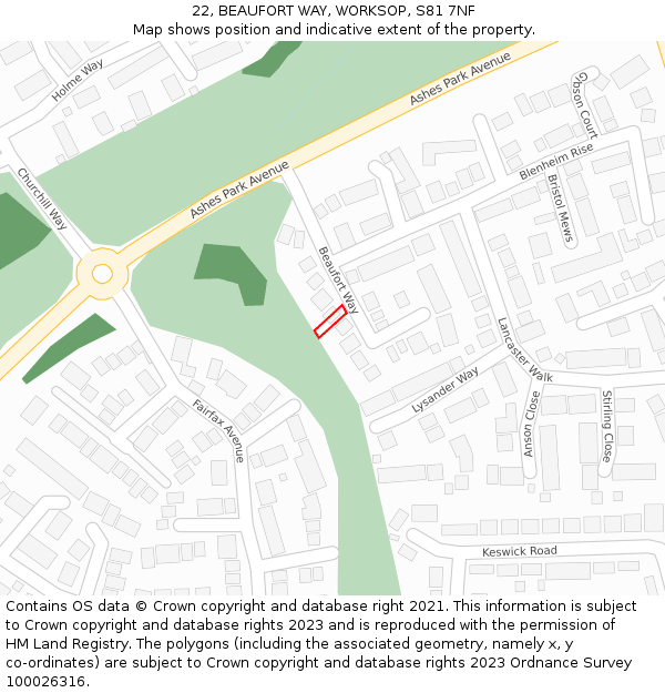 22, BEAUFORT WAY, WORKSOP, S81 7NF: Location map and indicative extent of plot