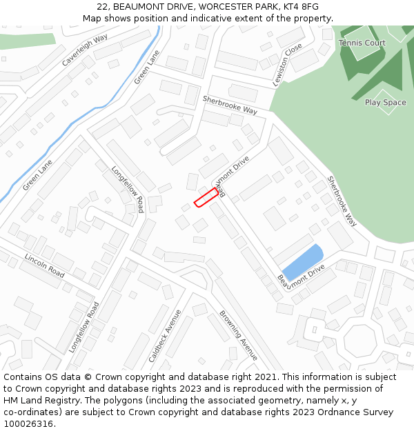 22, BEAUMONT DRIVE, WORCESTER PARK, KT4 8FG: Location map and indicative extent of plot