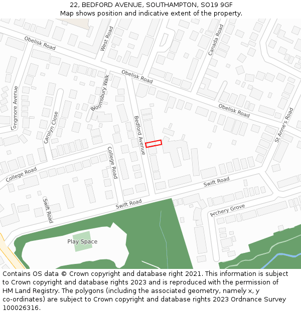 22, BEDFORD AVENUE, SOUTHAMPTON, SO19 9GF: Location map and indicative extent of plot