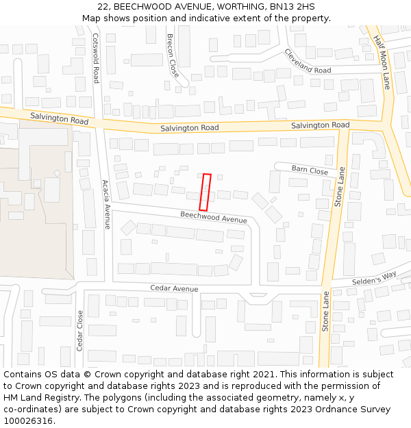 22, BEECHWOOD AVENUE, WORTHING, BN13 2HS: Location map and indicative extent of plot