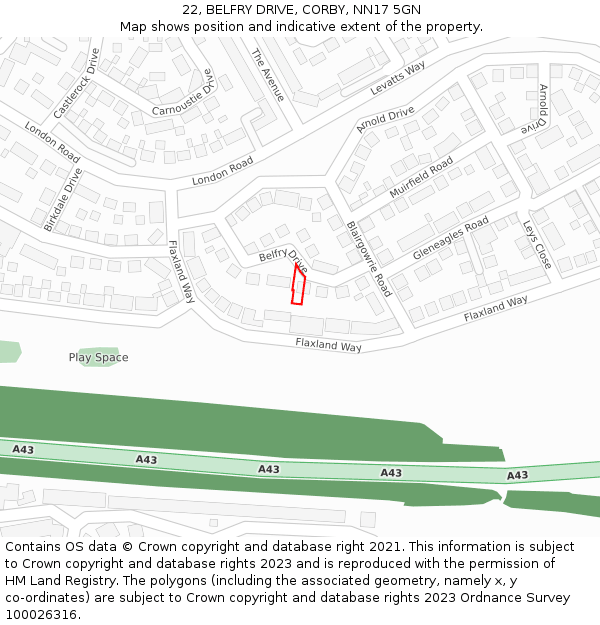 22, BELFRY DRIVE, CORBY, NN17 5GN: Location map and indicative extent of plot