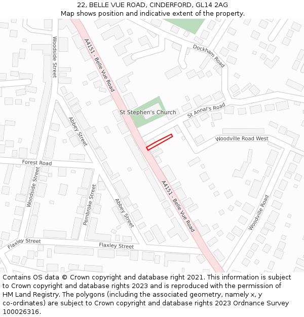 22, BELLE VUE ROAD, CINDERFORD, GL14 2AG: Location map and indicative extent of plot