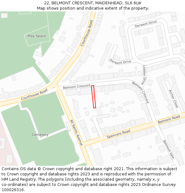 22, BELMONT CRESCENT, MAIDENHEAD, SL6 6LW: Location map and indicative extent of plot
