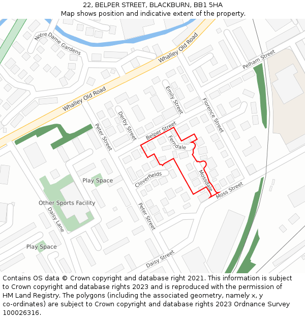 22, BELPER STREET, BLACKBURN, BB1 5HA: Location map and indicative extent of plot