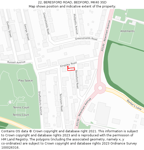 22, BERESFORD ROAD, BEDFORD, MK40 3SD: Location map and indicative extent of plot