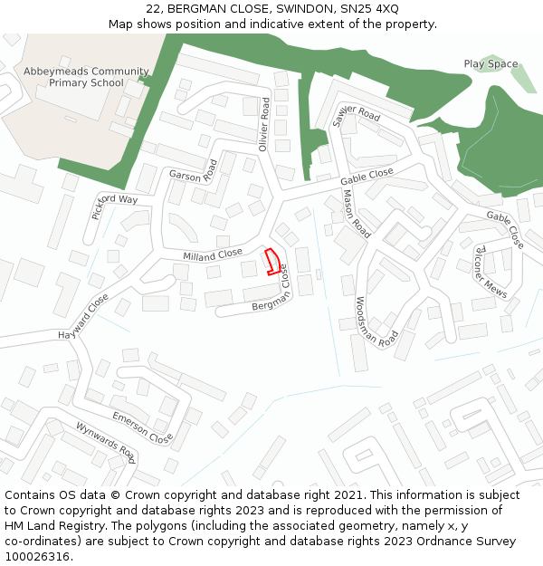 22, BERGMAN CLOSE, SWINDON, SN25 4XQ: Location map and indicative extent of plot