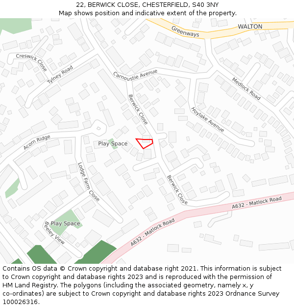22, BERWICK CLOSE, CHESTERFIELD, S40 3NY: Location map and indicative extent of plot