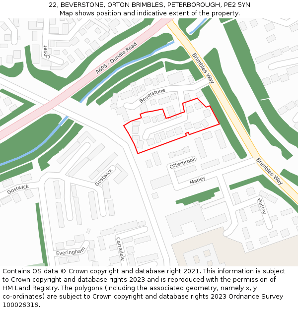 22, BEVERSTONE, ORTON BRIMBLES, PETERBOROUGH, PE2 5YN: Location map and indicative extent of plot