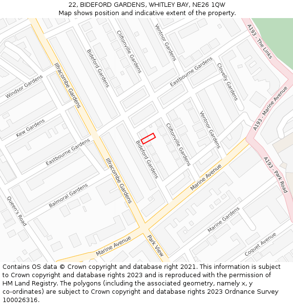 22, BIDEFORD GARDENS, WHITLEY BAY, NE26 1QW: Location map and indicative extent of plot