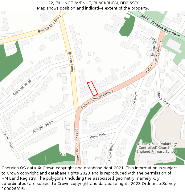 22, BILLINGE AVENUE, BLACKBURN, BB2 6SD: Location map and indicative extent of plot