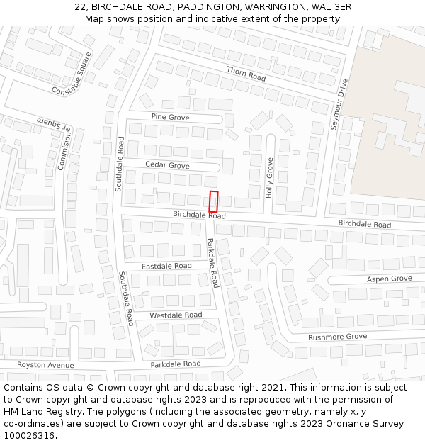 22, BIRCHDALE ROAD, PADDINGTON, WARRINGTON, WA1 3ER: Location map and indicative extent of plot
