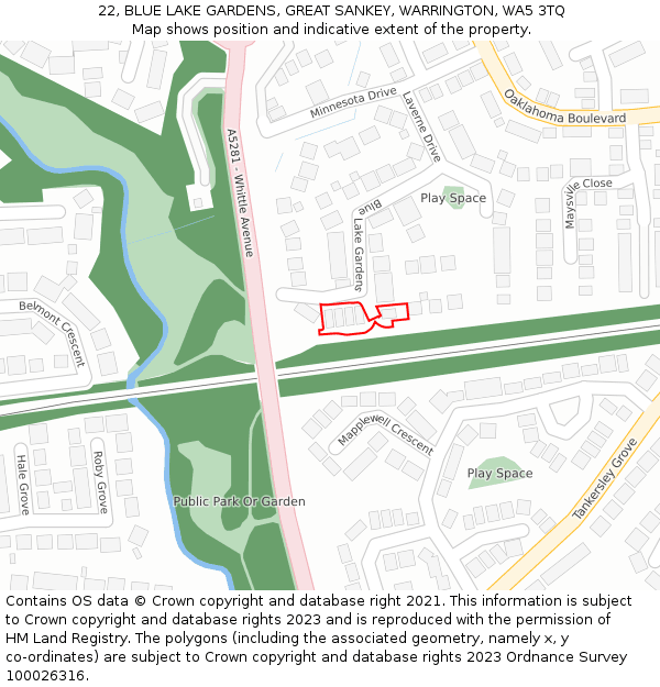 22, BLUE LAKE GARDENS, GREAT SANKEY, WARRINGTON, WA5 3TQ: Location map and indicative extent of plot