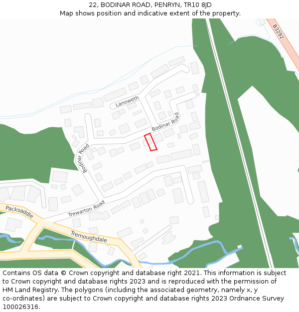 22, BODINAR ROAD, PENRYN, TR10 8JD: Location map and indicative extent of plot